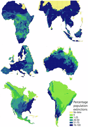 Pourcentage de populations éteintes (Ceballos et al., 2017)
